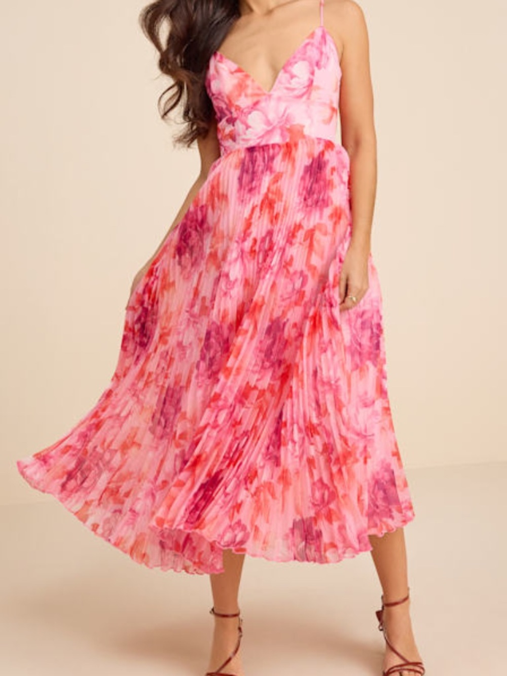 Lulus Sincerely Gorgeous Pink Multi Floral Pleated Midi Dress - Size M
